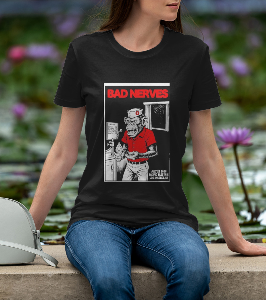 Bad Nerves July 23 2026 Pacific Electric Los Angeles Monkey Ice Cream Server Comic T-Shirt