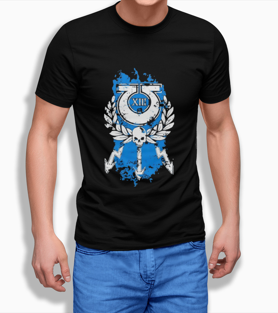 XIII Ultramarines Distressed Warhammer 40k Skull Lightning Laurel T-Shirt