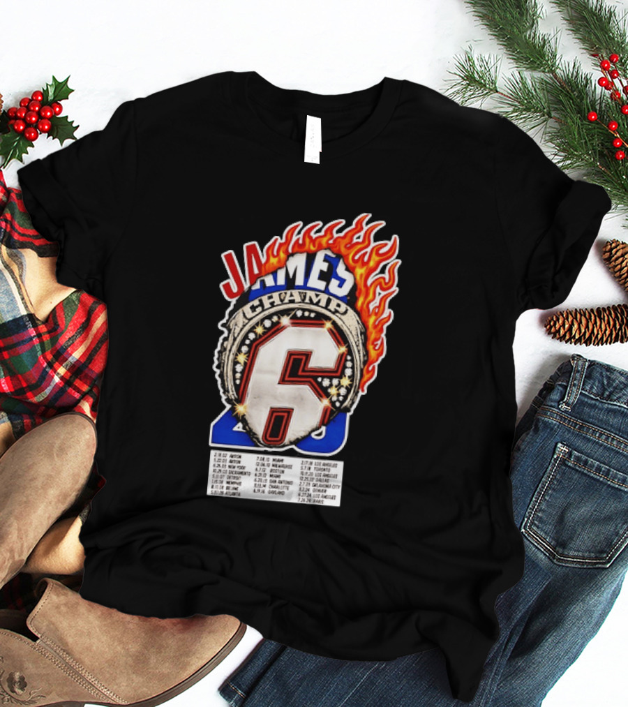 LeBron James Champ 6 Milestone Dates Cleveland Miami Los Angeles 2012 2013 2016 2020 T-Shirt