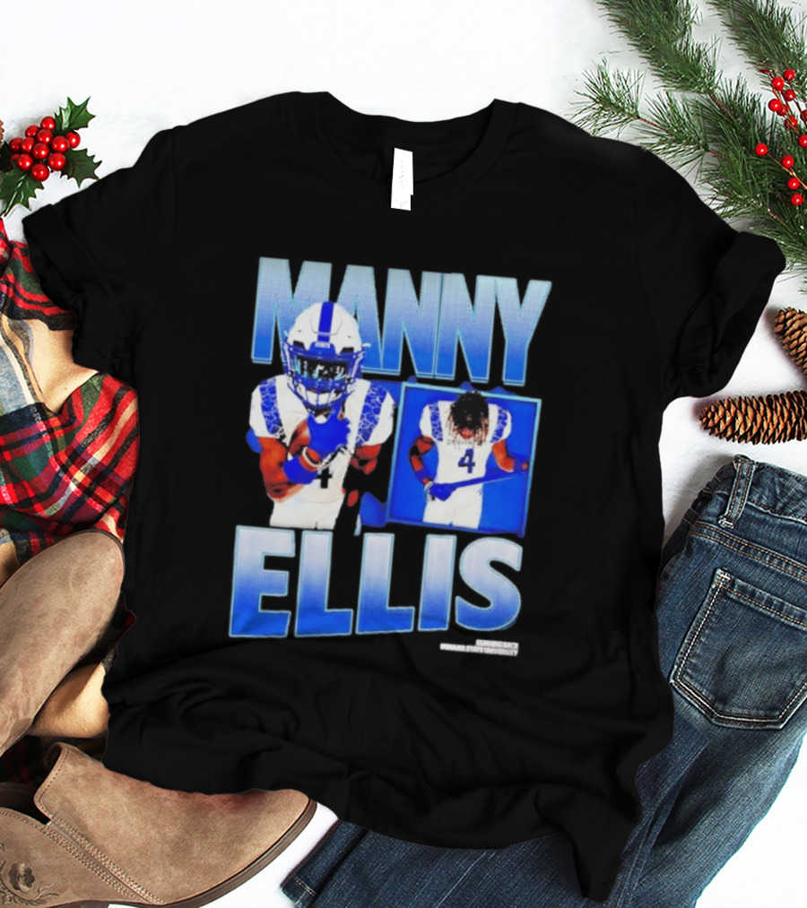 Manny Ellis Indiana State Running Back Football Jersey Number 4 Blue And White T-Shirt