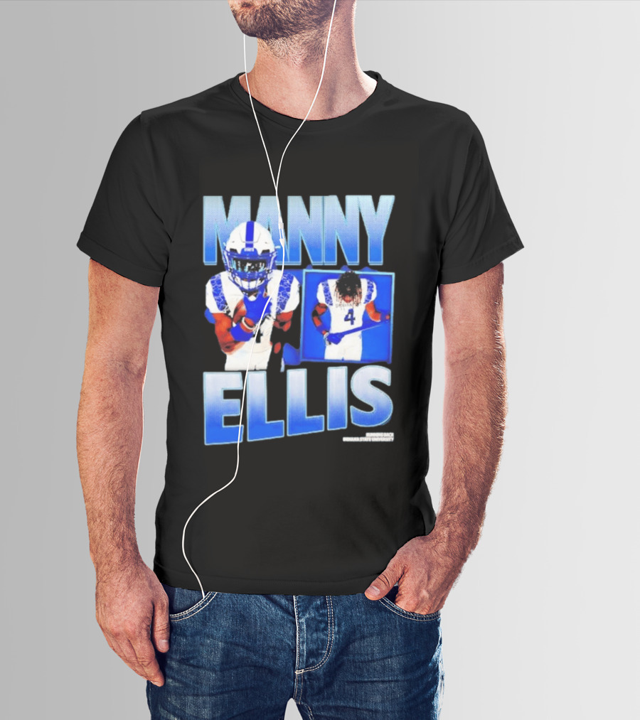 Manny Ellis Indiana State Running Back Football Jersey Number 4 Blue And White T-Shirt