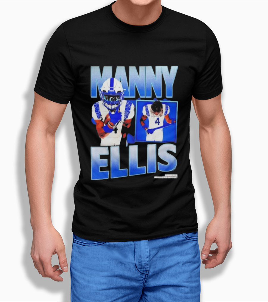 Manny Ellis Indiana State Running Back Football Jersey Number 4 Blue And White T-Shirt