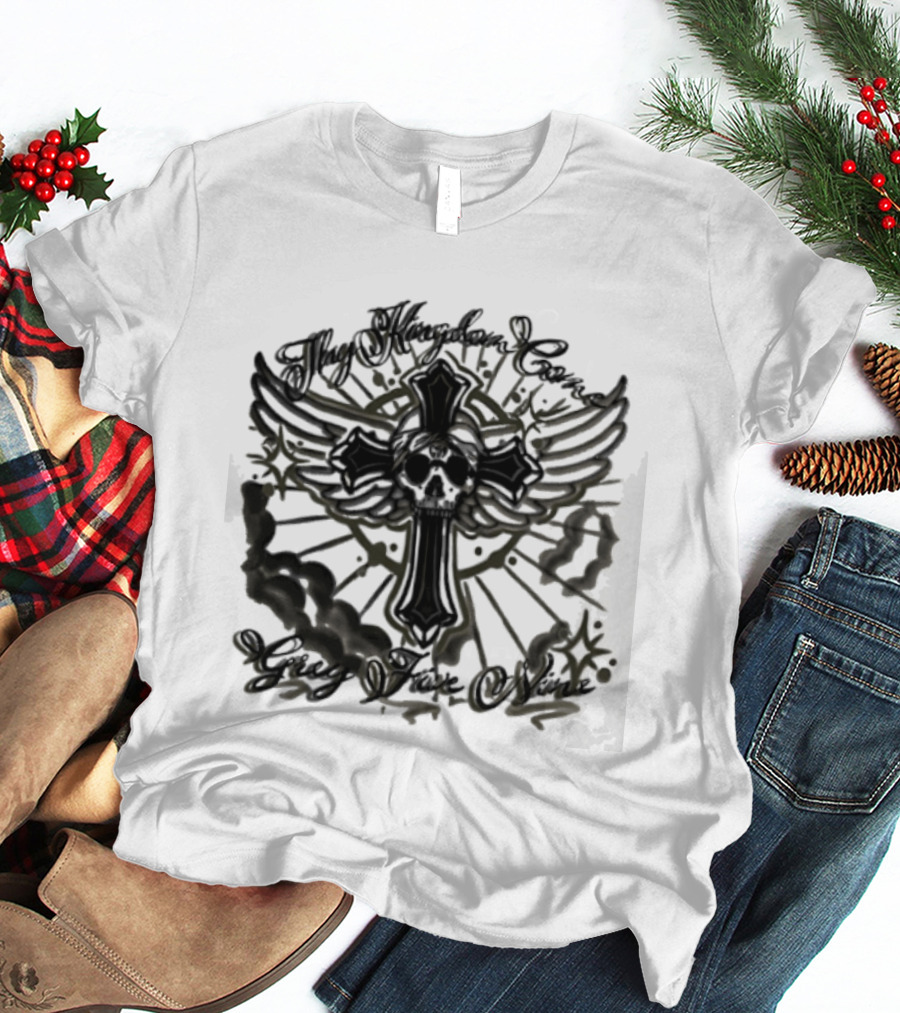 Thy Kingdom Come Skull Grey Five Nine Cross Wings T-Shirt