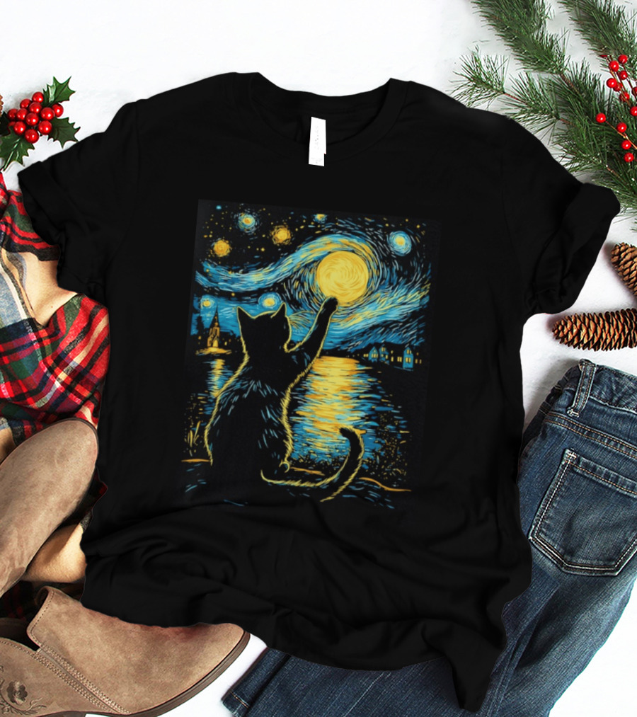 Cat Reaching For The Moon Starry Night Van Gogh Inspired Scene T-Shirt