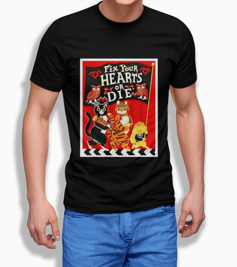 Twin Peaks Cats Fix Your Hearts Or Die David Lynch Owls Red Banner T-Shirt