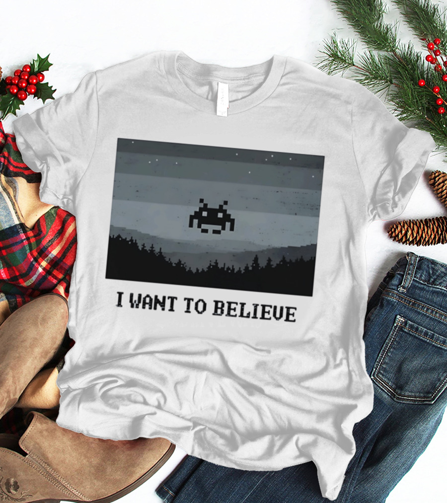 I Want To Believe Space Invader Pixel UFO Forest Scene T-Shirt