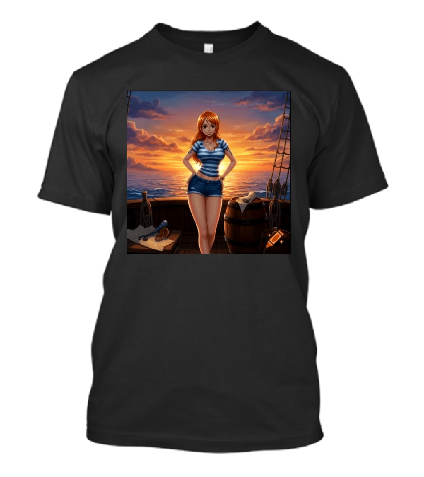 Nami One Piece Joyful Sunset Pirate Ship Ocean Scene T-Shirt