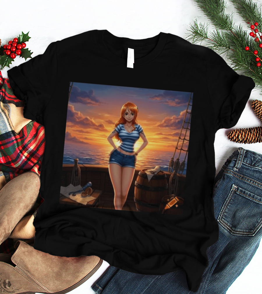 Nami One Piece Joyful Sunset Pirate Ship Ocean Scene T-Shirt