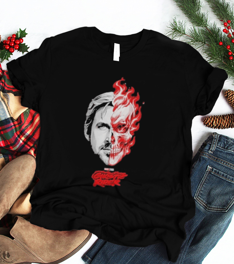 Ryan Gosling Ghost Rider 2028 Split Face Fiery Skull T-Shirt