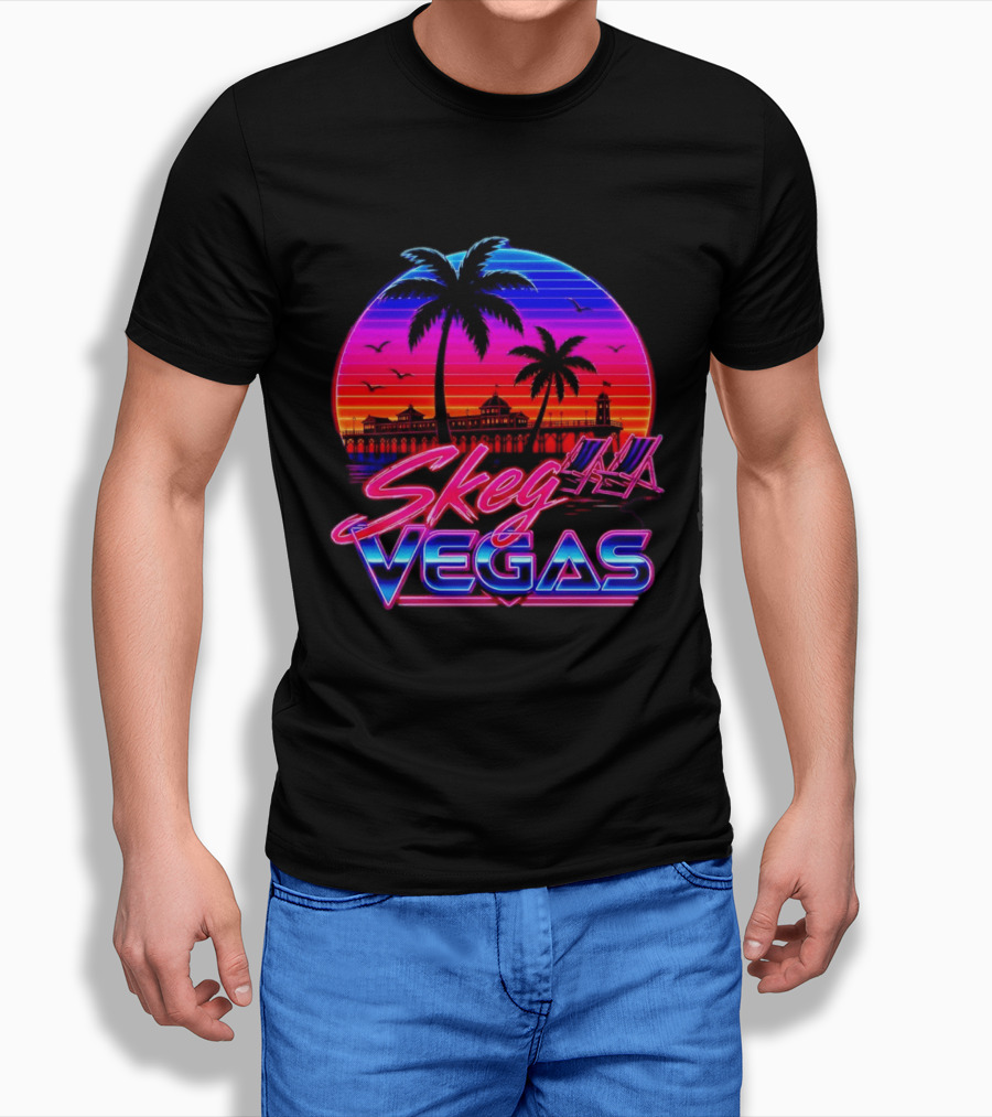 Skeg Vegas Beach Pier Sunset Skegness Retro Neon T-Shirt