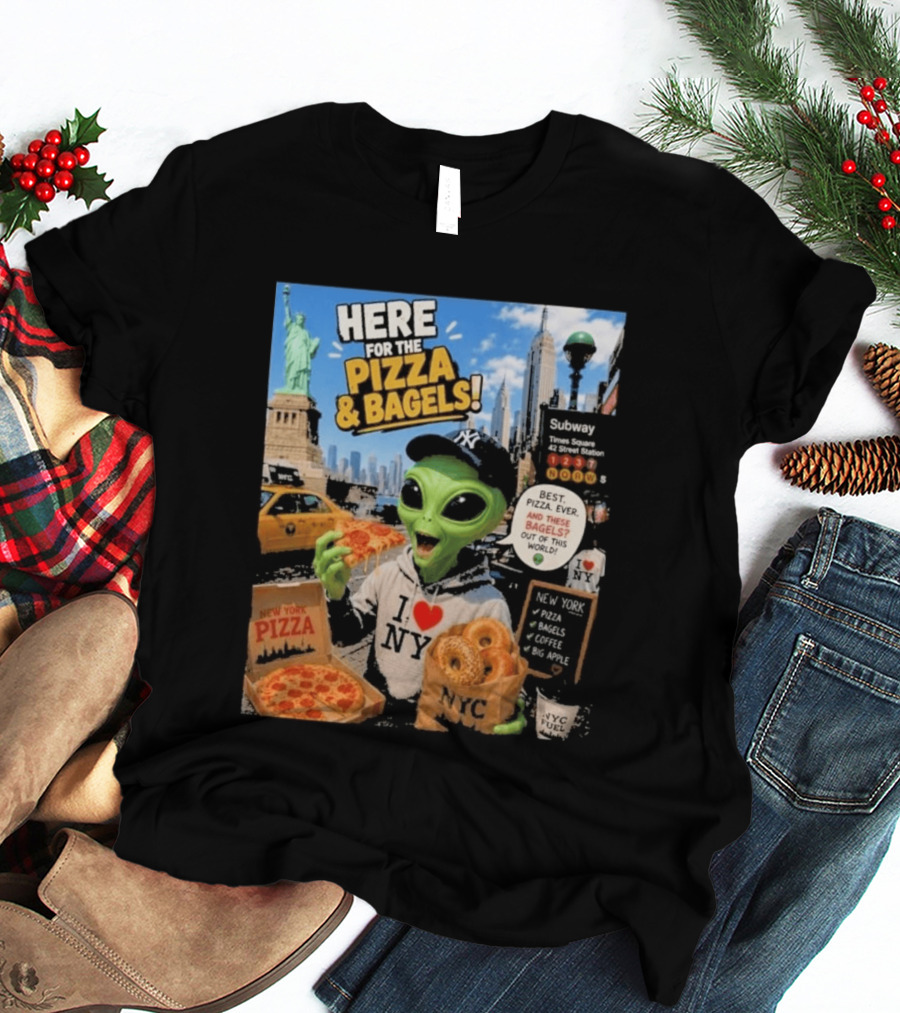 NYC Alien Loves Pizza And Bagels With Statue Of Liberty And Times Square Subway T-Shirt