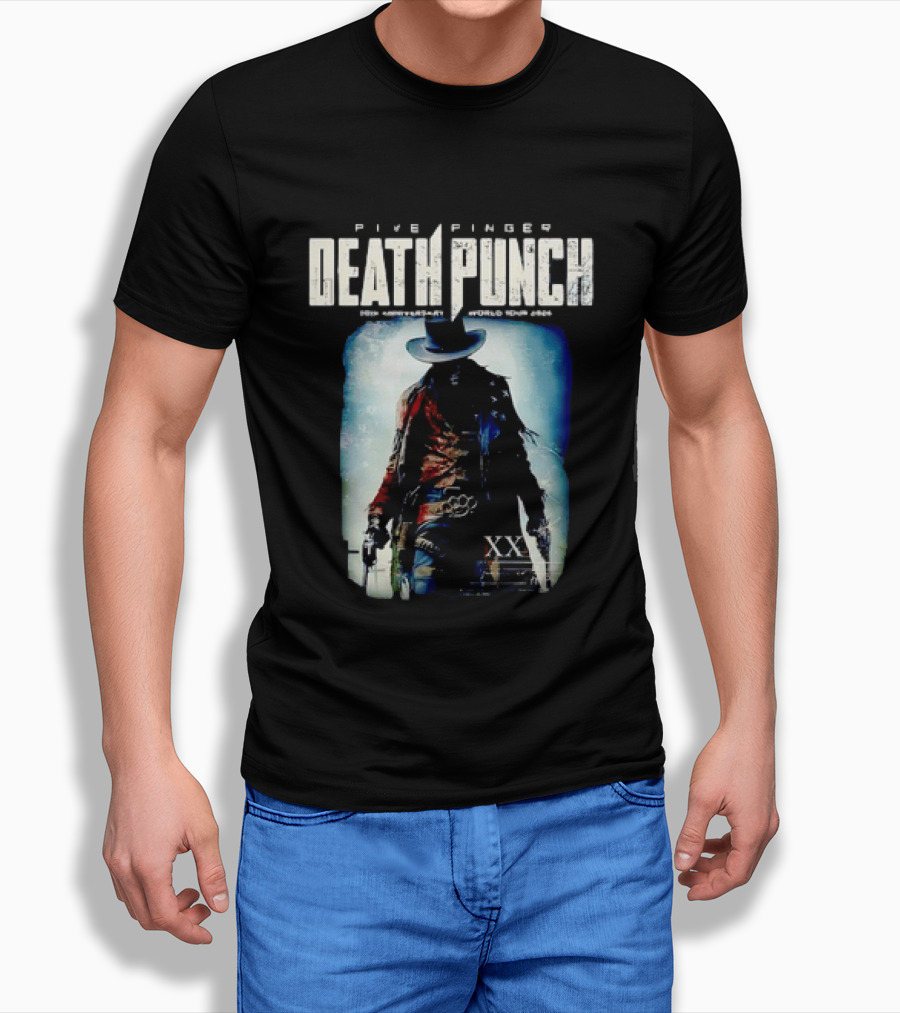Five Finger Death Punch 20th Anniversary World Tour 2026 Cowboy Imagery With Knuckle Duster And Pistols T-Shirt