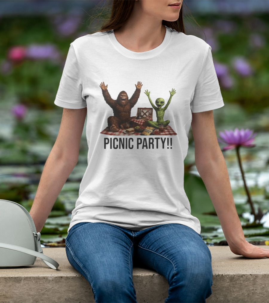 Bigfoot And Alien Picnic Party With Chips And Sandwiches T-Shirt