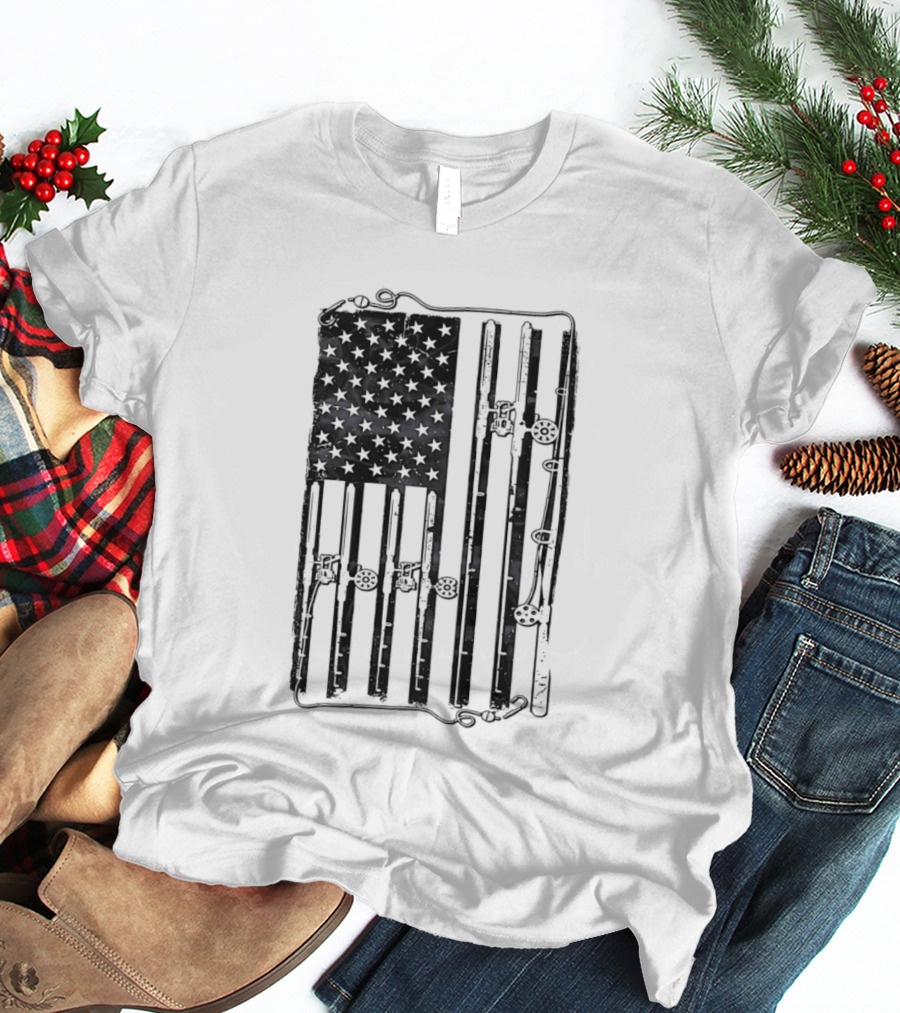 Distressed American Flag Fishing Rod Patriotic USA Angling Stars And Stripes T-Shirt