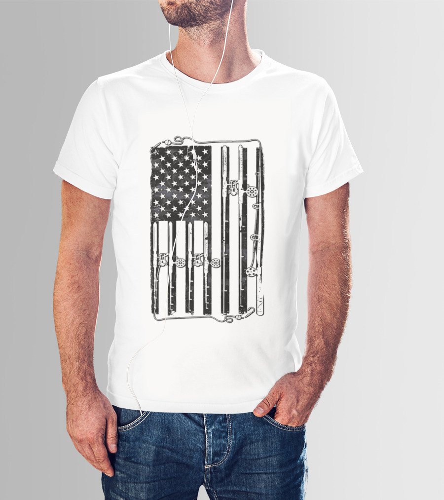 Distressed American Flag Fishing Rod Patriotic USA Angling Stars And Stripes T-Shirt
