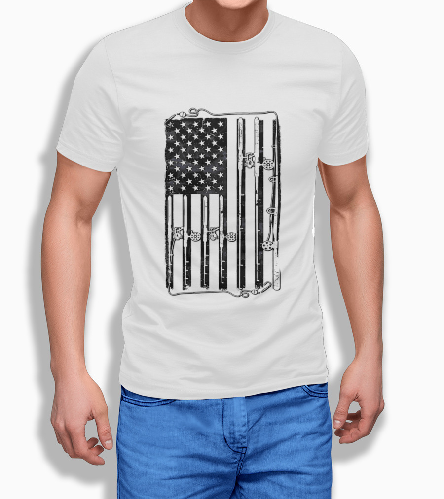 Distressed American Flag Fishing Rod Patriotic USA Angling Stars And Stripes T-Shirt