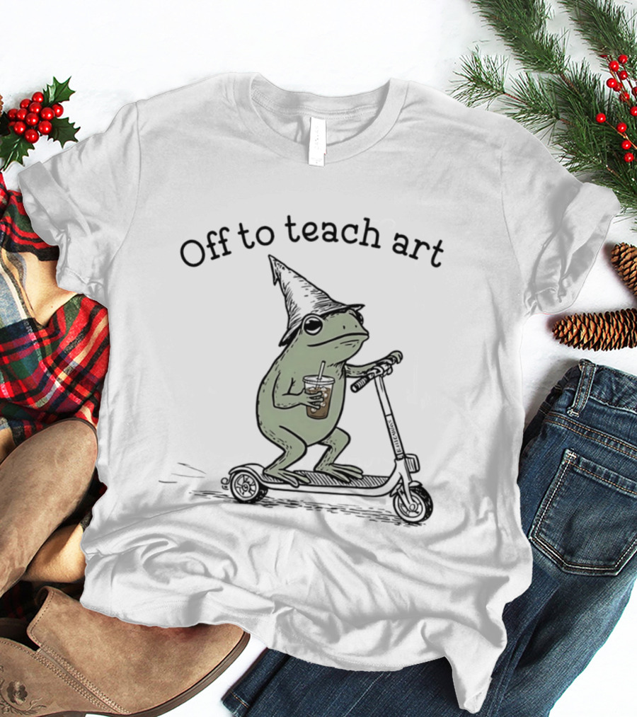 Frog Off To Teach Art With Iced Coffee On Scooter T-Shirt