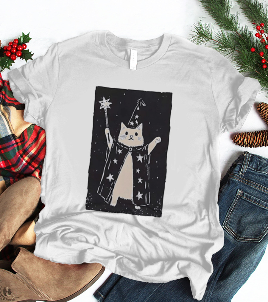 The Magician Cat Tarot Card Wizard Hat Starry Cloak Magic Wand T-Shirt