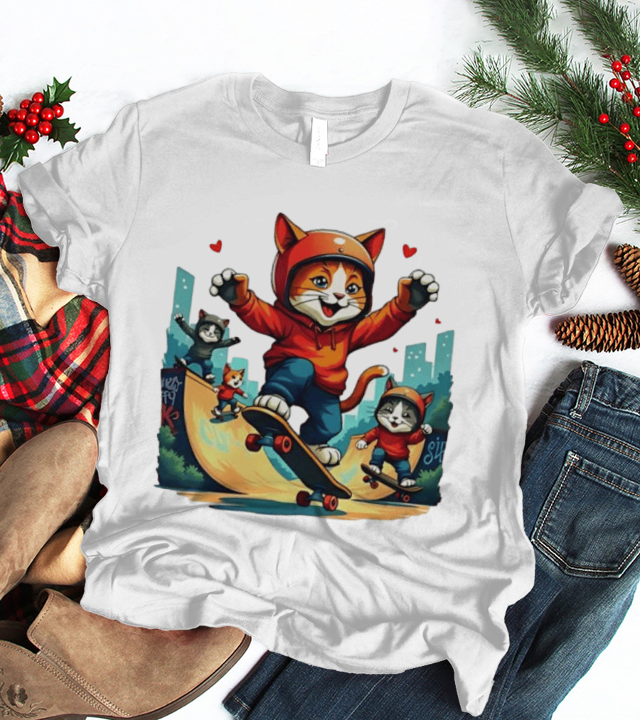 Skateboarding Cats In Helmets With Hearts And Cityscape T-Shirt