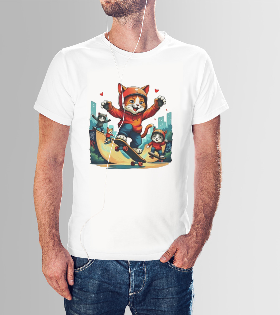 Skateboarding Cats In Helmets With Hearts And Cityscape T-Shirt