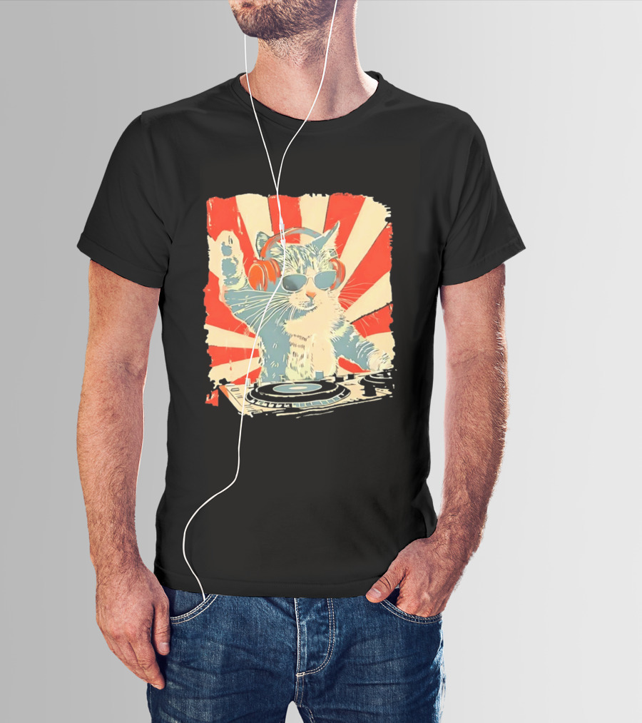 DJ Cat Headphones Sunglasses Retro Style Music Lover T-Shirt