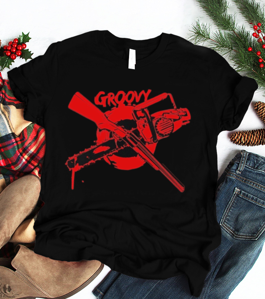 Ash Williams Evil Dead Groovy Chainsaw Shotgun T-Shirt