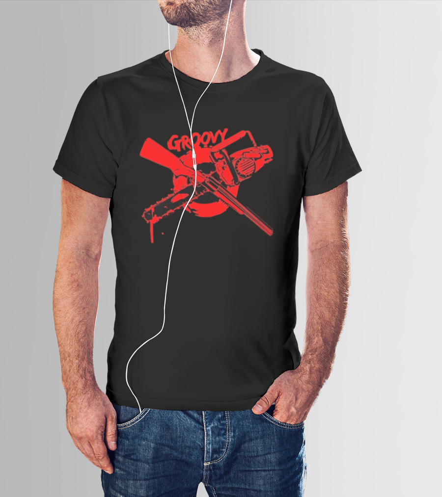 Ash Williams Evil Dead Groovy Chainsaw Shotgun T-Shirt