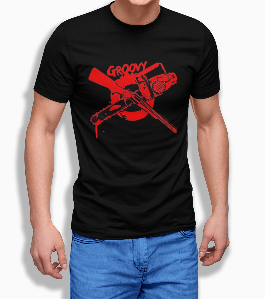 Ash Williams Evil Dead Groovy Chainsaw Shotgun T-Shirt