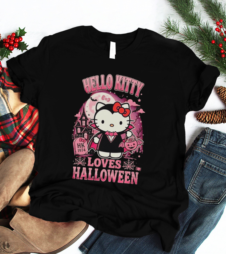 Hello Kitty Loves Halloween Vampire Costume Pink Bats And Haunted House T-Shirt