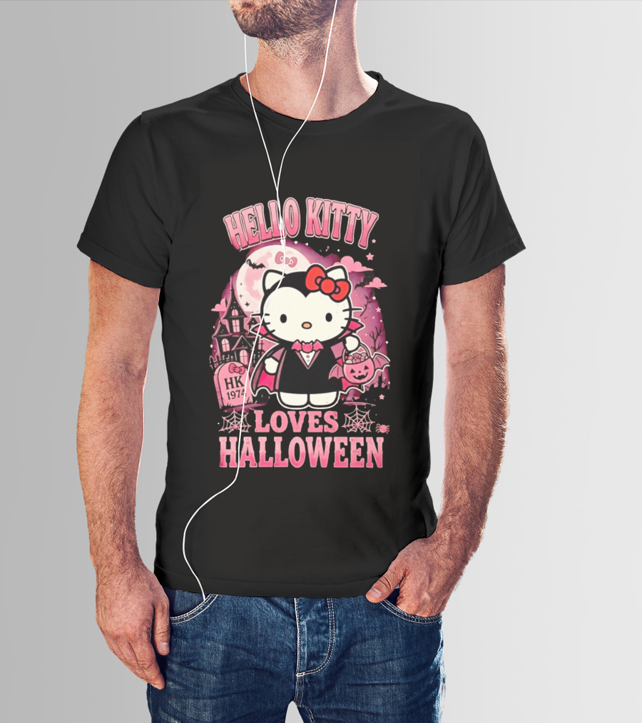 Hello Kitty Loves Halloween Vampire Costume Pink Bats And Haunted House T-Shirt