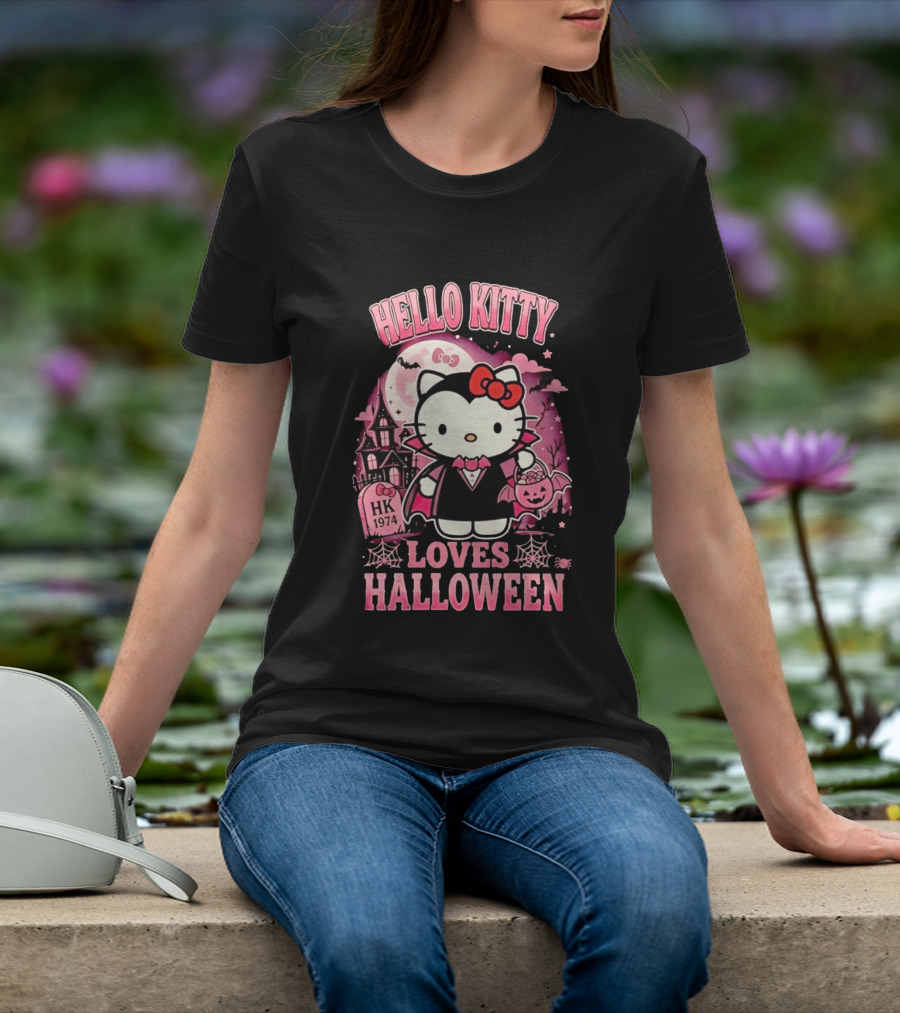 Hello Kitty Loves Halloween Vampire Costume Pink Bats And Haunted House T-Shirt