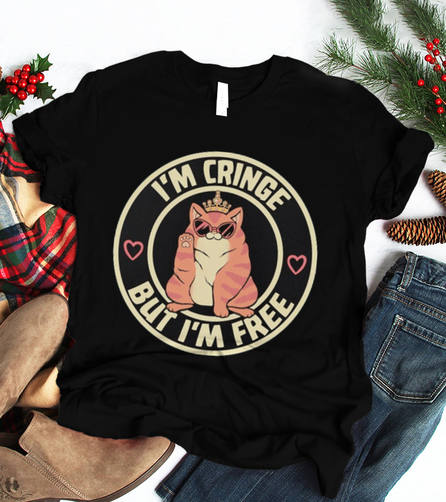 I'm Cringe But I'm Free Cat Crown Sunglasses Hearts T-Shirt