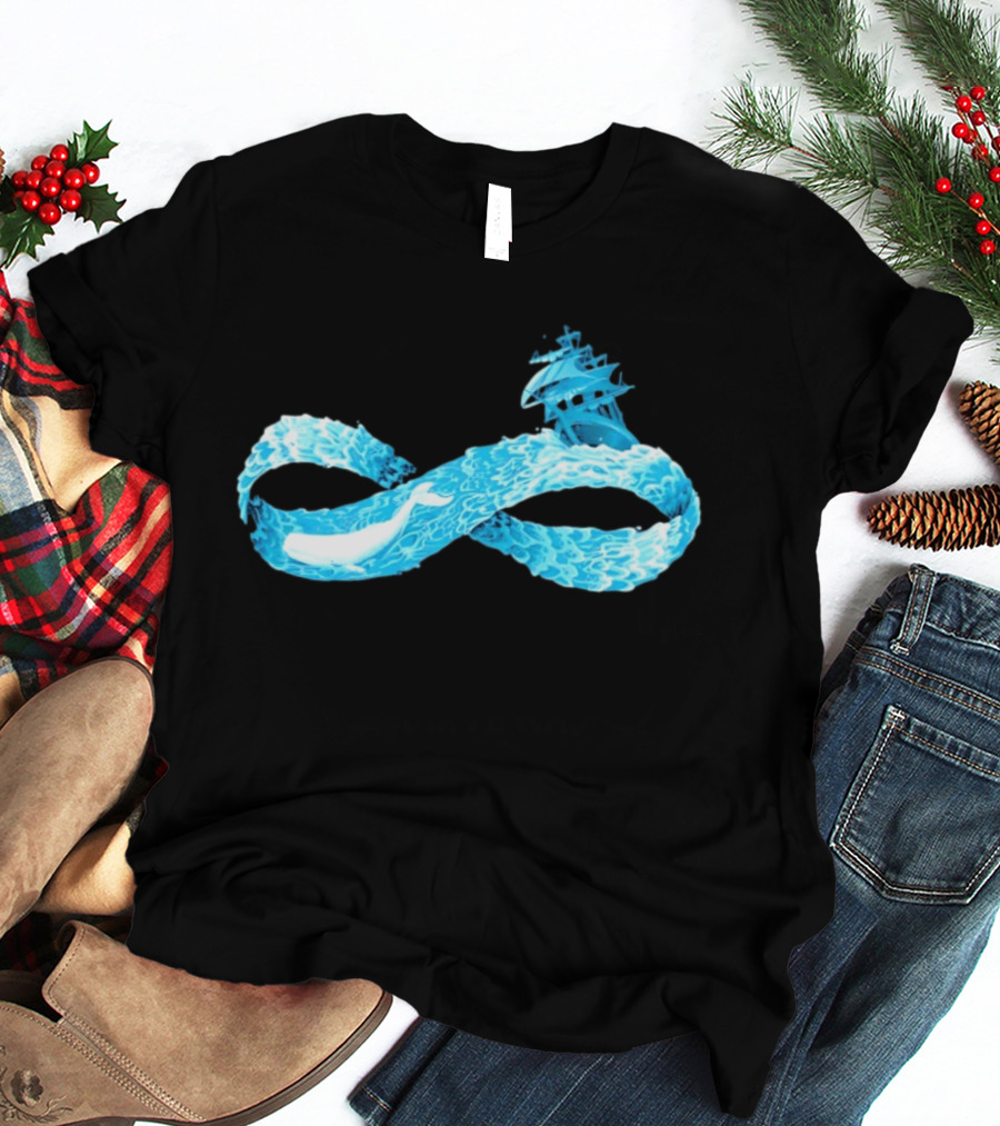 Infinity Symbol With Whale Swimming Beneath Sailing Ship Formed By Ocean Waves T-Shirt