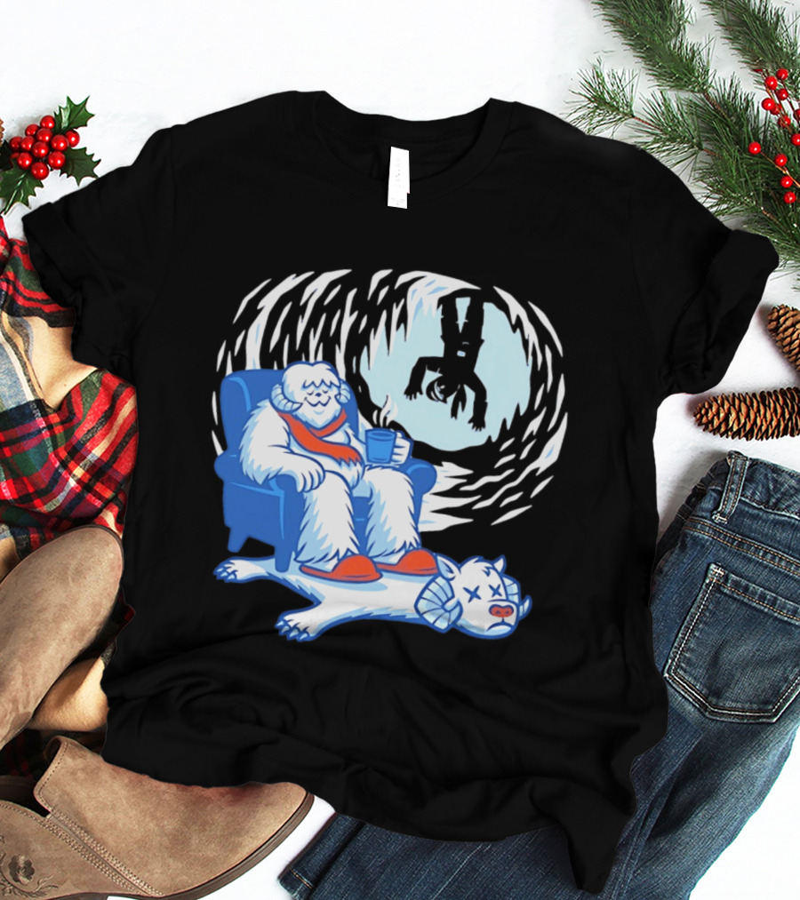 Yeti Relaxing In A Chair With Hot Drink And Abominable Snowman Rug T-Shirt
