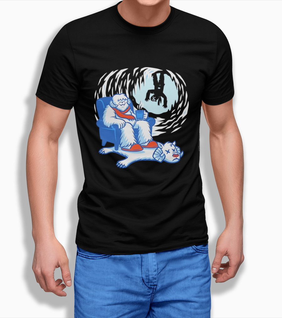 Yeti Relaxing In A Chair With Hot Drink And Abominable Snowman Rug T-Shirt