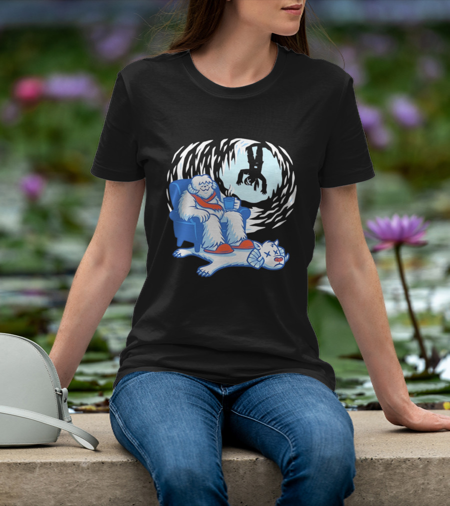 Yeti Relaxing In A Chair With Hot Drink And Abominable Snowman Rug T-Shirt