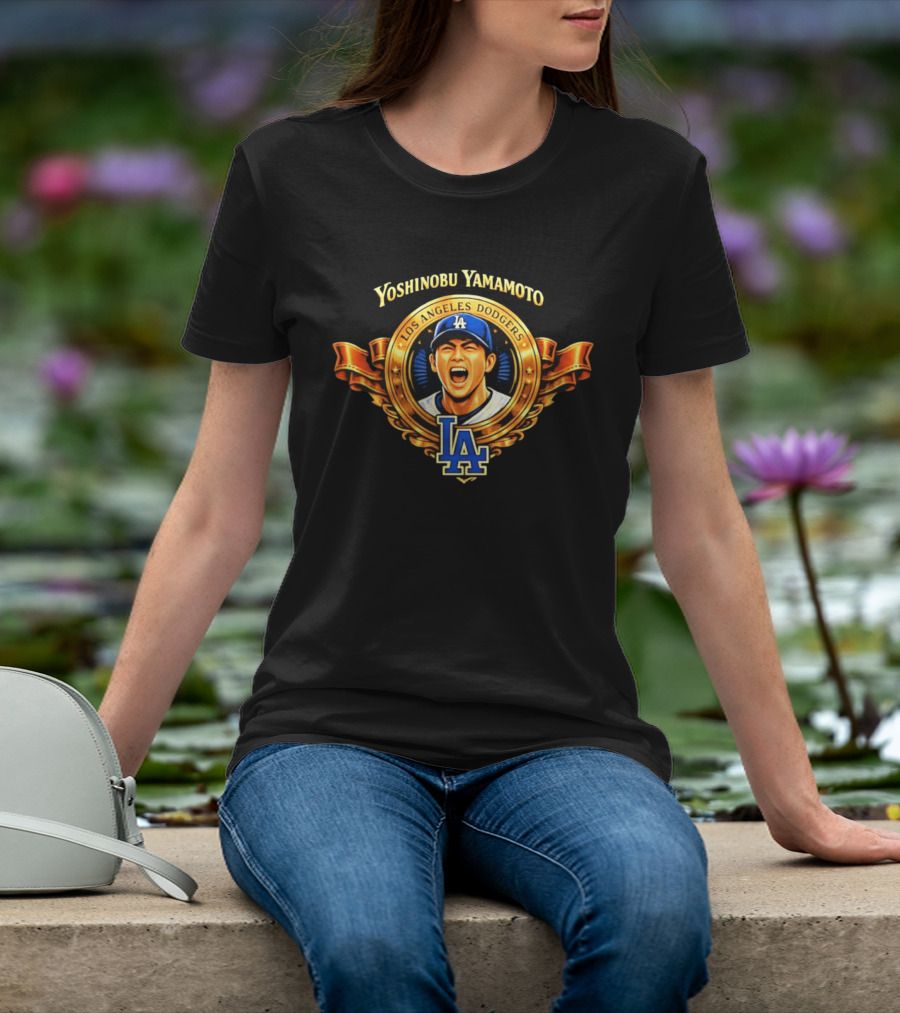 Yoshinobu Yamamoto Los Angeles Dodgers LA Gold Crest T-Shirt