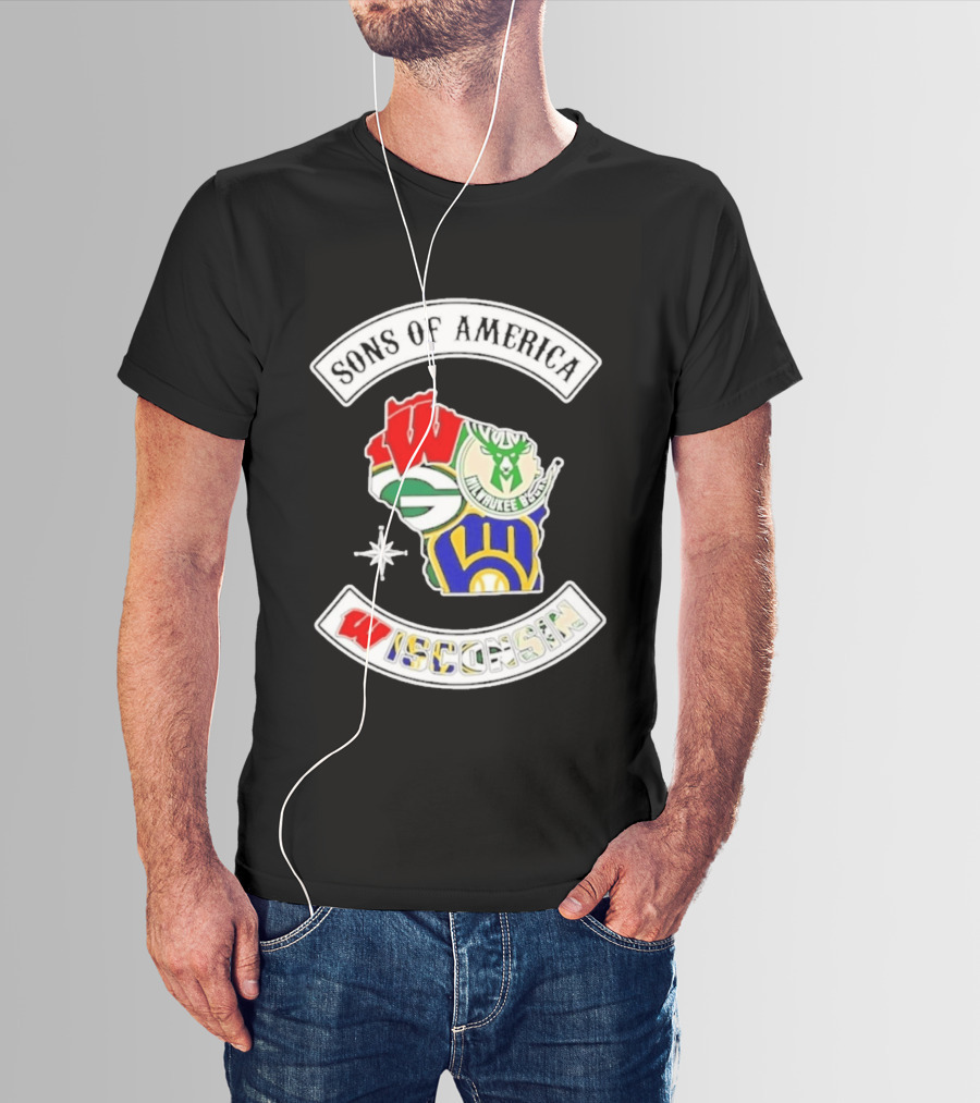 Sons Of America Wisconsin Map Milwaukee Brewers Green Bay Packers Badgers Bucks T-Shirt