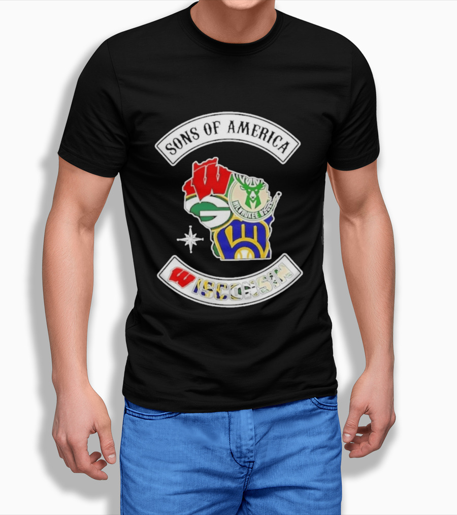 Sons Of America Wisconsin Map Milwaukee Brewers Green Bay Packers Badgers Bucks T-Shirt