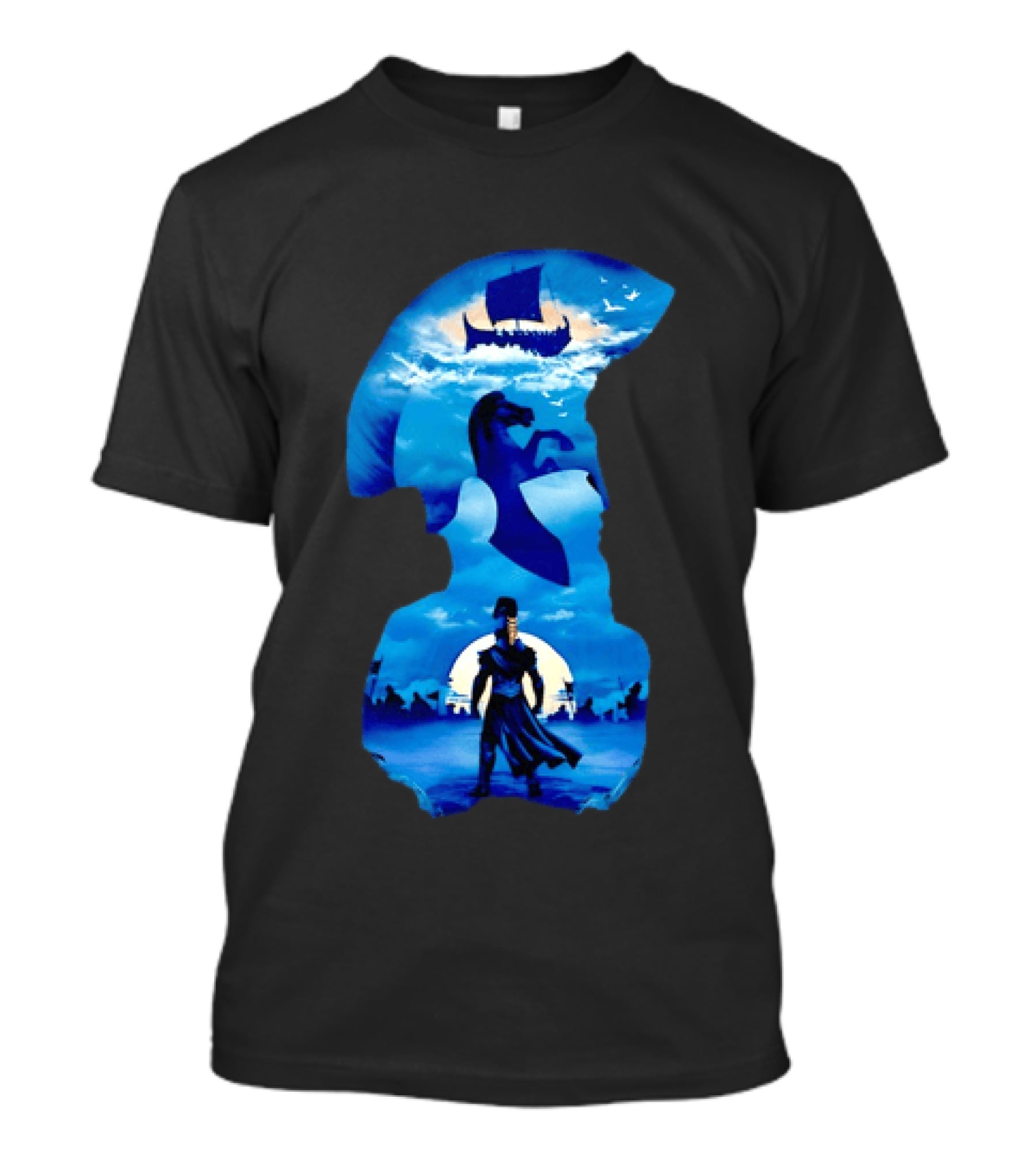 Spartan Warrior With Trojan Horse And Ancient Ship In Mythical Blue Scene T-Shirt
