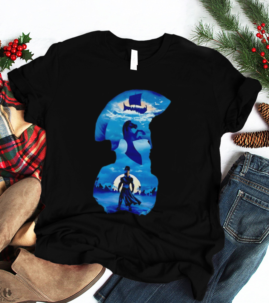 Spartan Warrior With Trojan Horse And Ancient Ship In Mythical Blue Scene T-Shirt