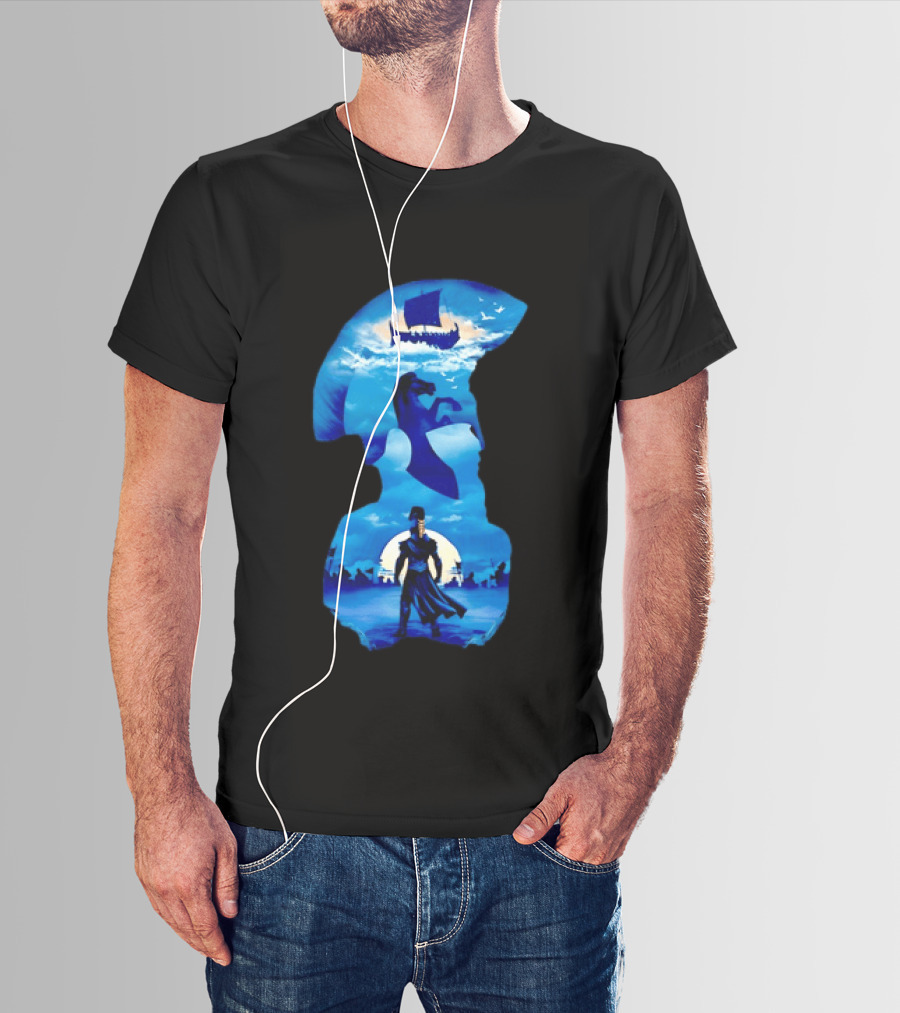 Spartan Warrior With Trojan Horse And Ancient Ship In Mythical Blue Scene T-Shirt