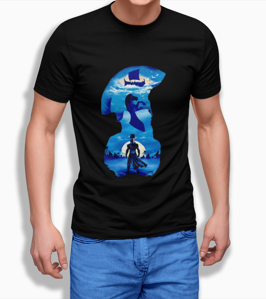 Spartan Warrior With Trojan Horse And Ancient Ship In Mythical Blue Scene T-Shirt
