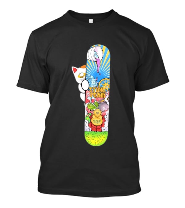 Stinc Team TGF Buddha Cat With Skateboard And Dripping Paint Aesthetic T-Shirt