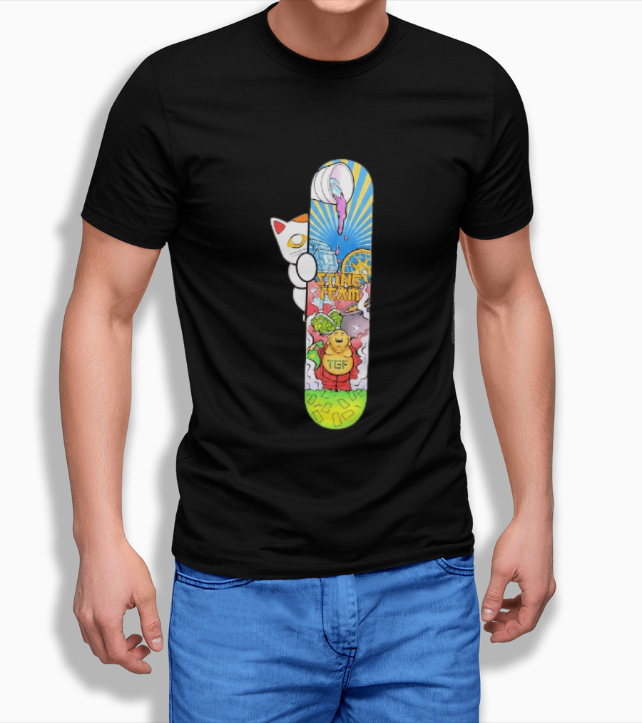 Stinc Team TGF Buddha Cat With Skateboard And Dripping Paint Aesthetic T-Shirt