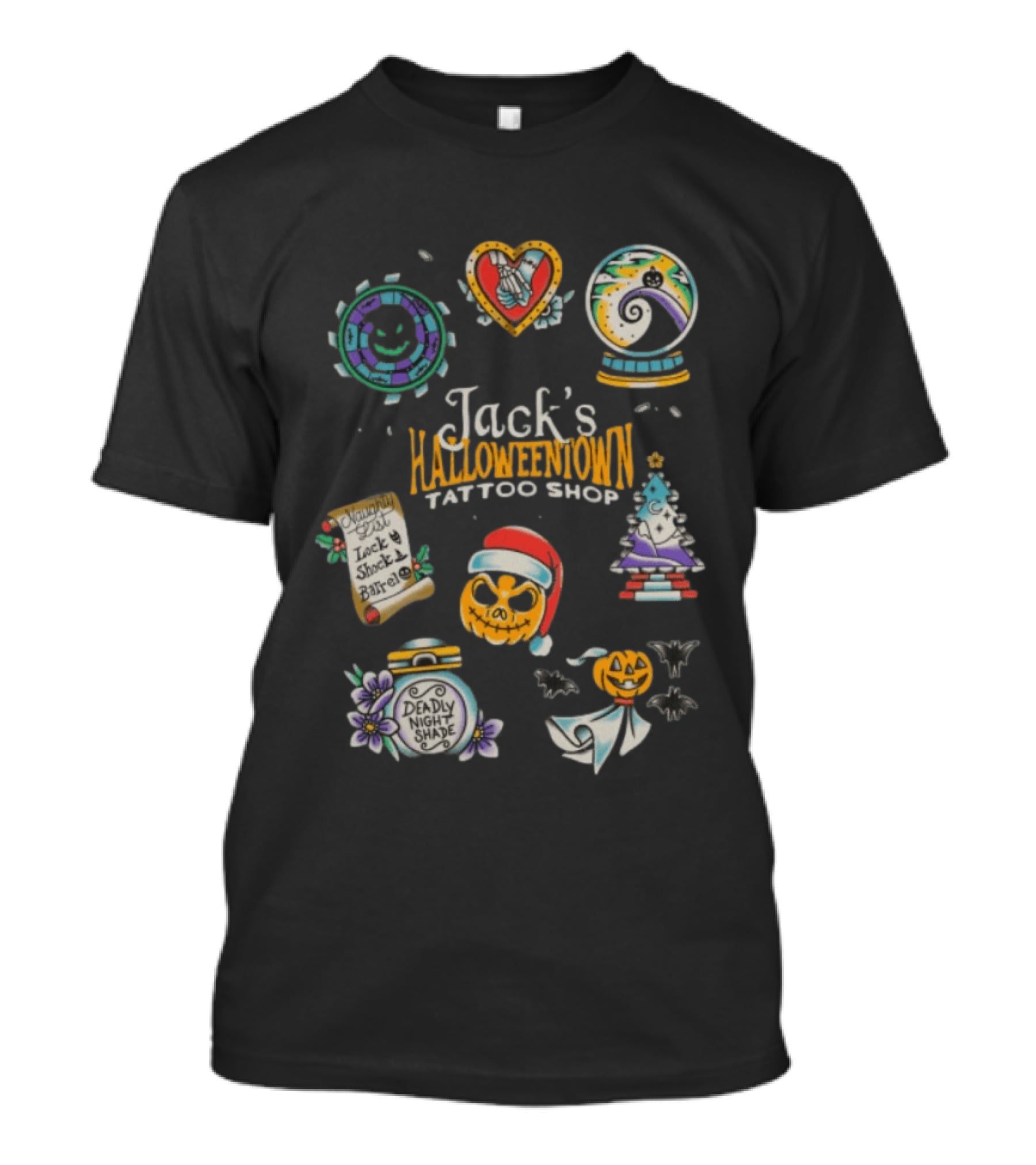 Jack's Halloweentown Tattoo Shop Oogie Boogie Santa Skull Lock Shock Barrel T-Shirt