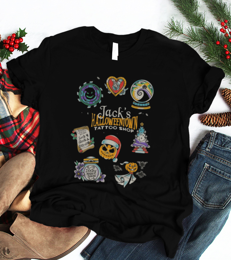 Jack's Halloweentown Tattoo Shop Oogie Boogie Santa Skull Lock Shock Barrel T-Shirt