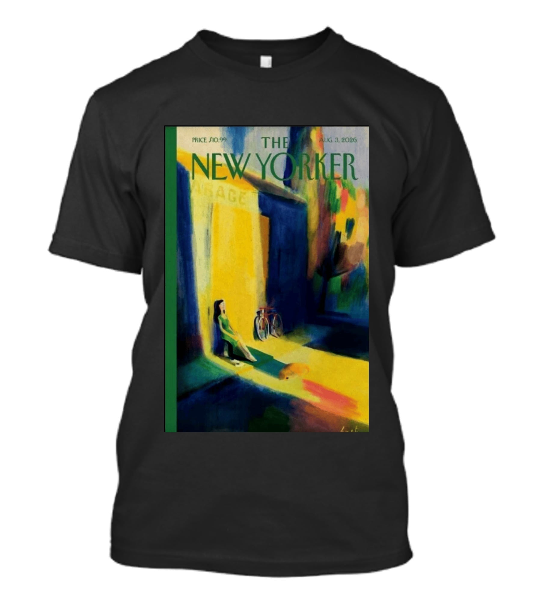 The New Yorker August 3 2026 Pierre Emmanuel Lyet Cover Art Female Figure With Bicycle In Vibrant Alley Scene T-Shirt