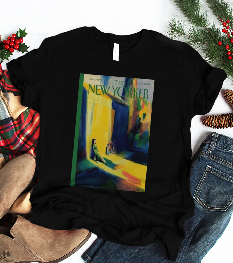 The New Yorker August 3 2026 Pierre Emmanuel Lyet Cover Art Female Figure With Bicycle In Vibrant Alley Scene T-Shirt
