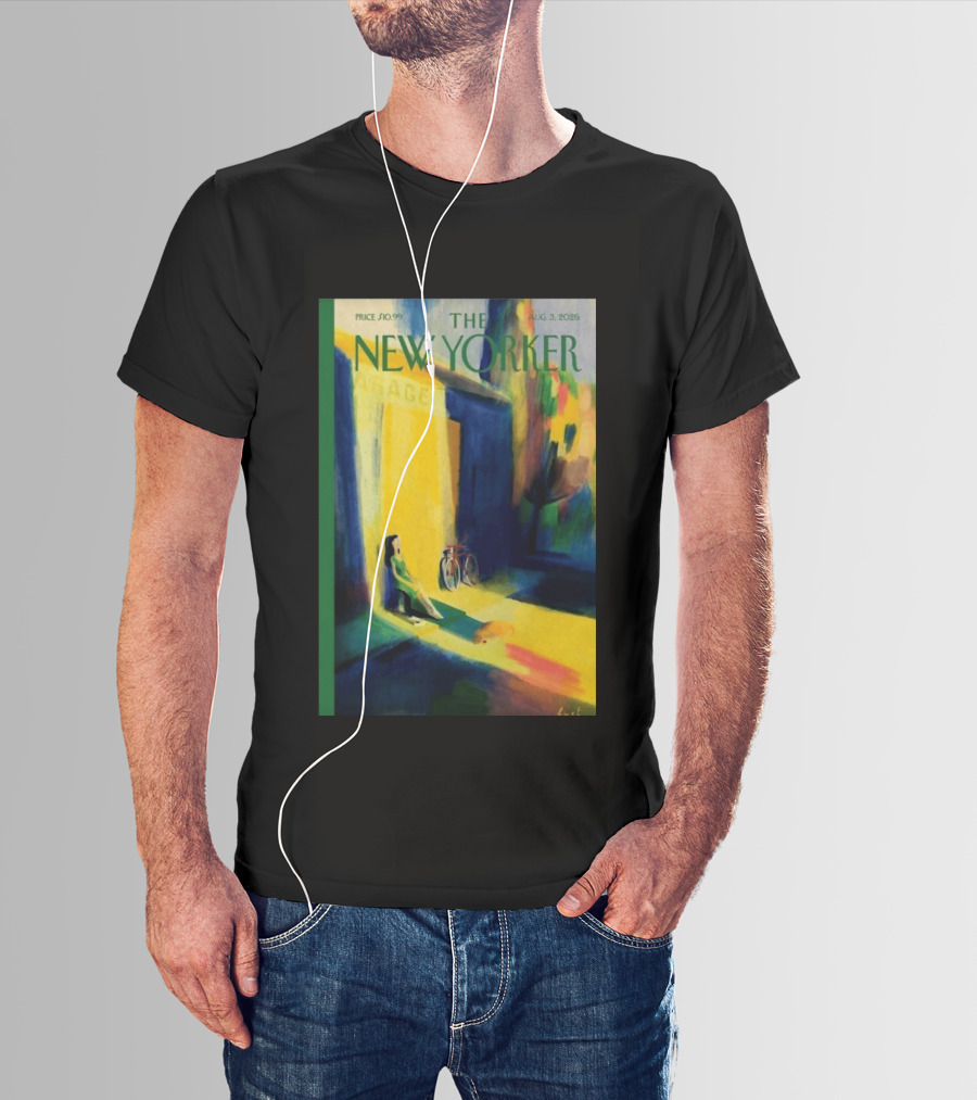The New Yorker August 3 2026 Pierre Emmanuel Lyet Cover Art Female Figure With Bicycle In Vibrant Alley Scene T-Shirt